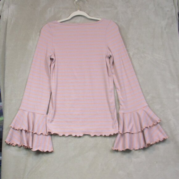 We the Free People Women’s Top Size L Lavender Peach Striped Ruffled Bell Sleeve - Picture 6 of 12